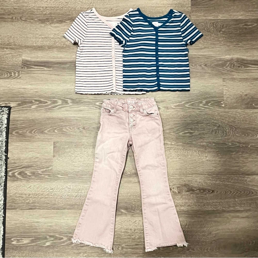 Girls Bundle - Striped Button Front Tops + Pink Flare Jeans